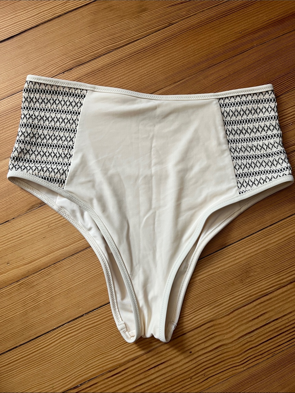 High-Waist White Women's Bathing suit Bottoms  with Black Patterned Side Panels